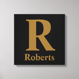 Gold Initial/First/Family Name On Black Canvas Print