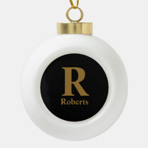 Gold Initial/First/Family Name On Black Ceramic Ball Christmas Ornament