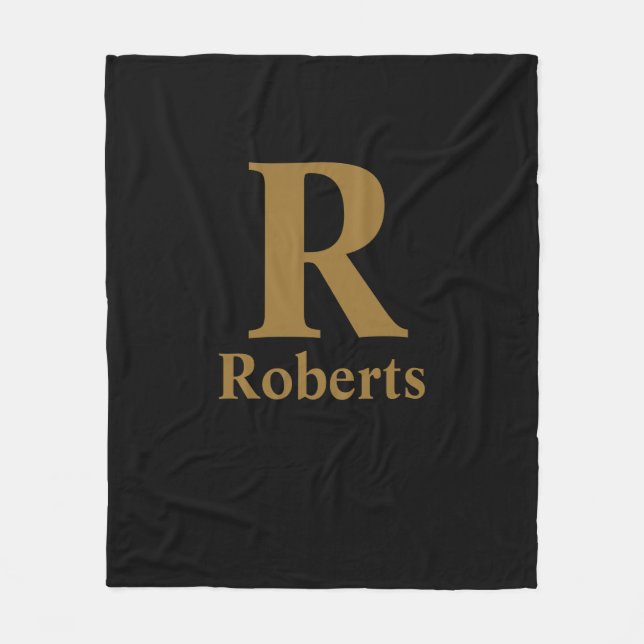 Gold Initial/First/Family Name On Black Fleece Blanket (Front)