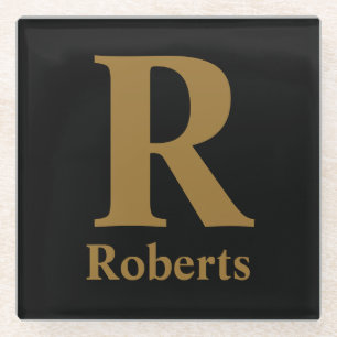 Gold Initial/First/Family Name On Black Glass Coaster