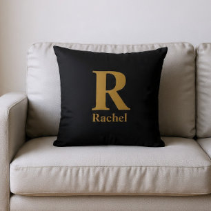 Gold Initial/First/Family Name On Black Throw Pillow