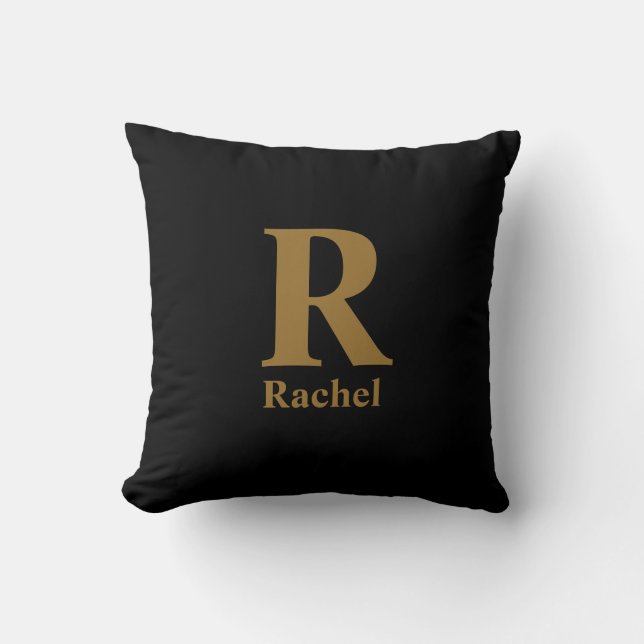 Gold Initial/First/Family Name On Black Throw Pillow (Front)