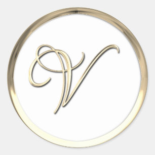Gold Initial Monogram V Script Any Colour Classic Round Sticker