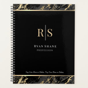 Gold Initials, Name, Black & Gold Marble, Black Planner