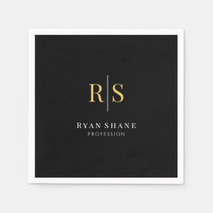 Gold Initials, Name, Profession, Black Napkin