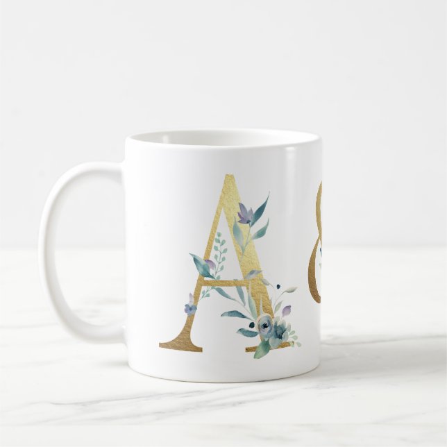 Gold initials, with blue foliage couples mug (Left)