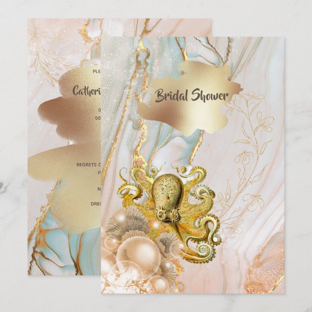 Gold ink marble swirl octopus beach theme invitation (Front/Back)