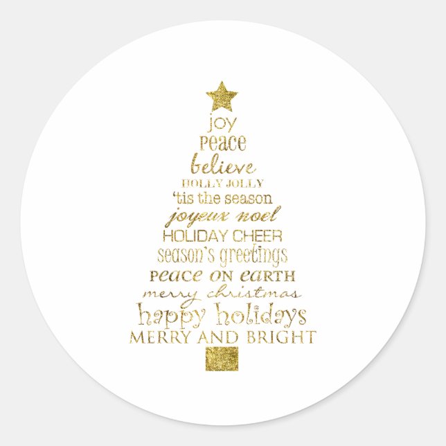 Gold Inspirational Christmas Tree Peace Joy Classic Round Sticker (Front)