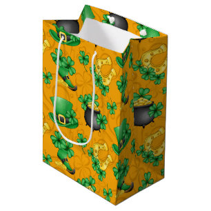 GOLD IRISH TOP HATS GREEN SHAMROCKS HORSESHOES MEDIUM GIFT BAG