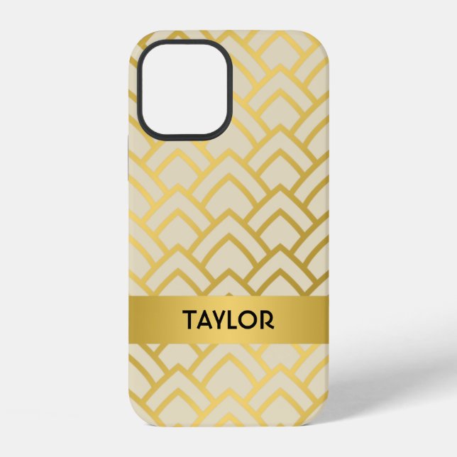 Gold Ivory Art Deco Geometric Pattern Personalize iPhone Case (Back)