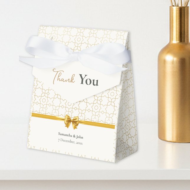Gold & Ivory Art Deco Pattern with Bow Wedding Favor Box (Gold & Ivory Geometric Art Deco Wedding Favor Boxes)