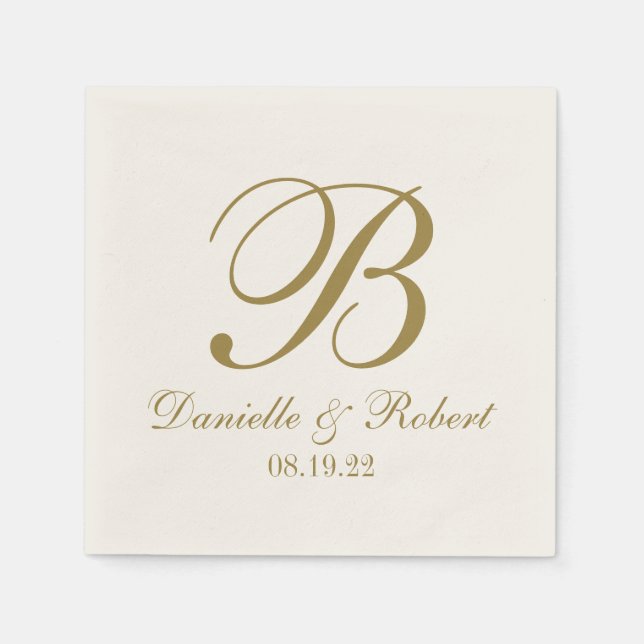 Gold | Ivory Custom Wedding Monogram Paper Napkin (Front)