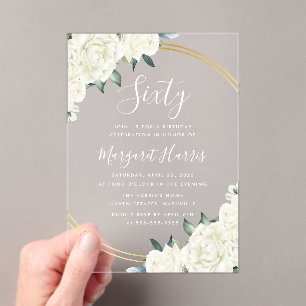 Gold Ivory Floral Greenery 60th Sixty Birthday Acrylic Invitations