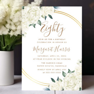 Gold Ivory Floral Greenery 80th Eighty Birthday Invitation