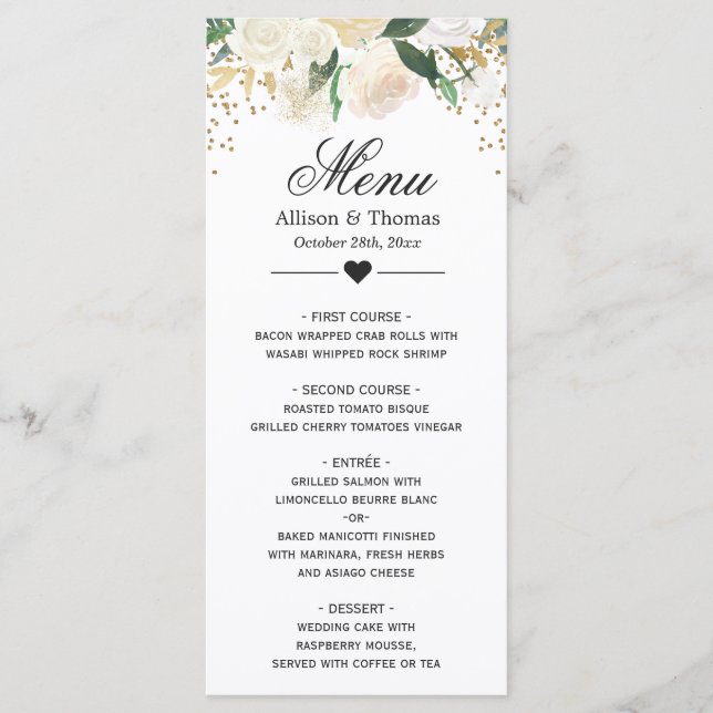 Gold Ivory Green Floral Wedding Menu Card (Front)