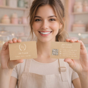 Gold ivory monogrammed wreath modern QR code Business Card