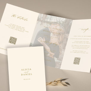 Gold ivory photo wedding RSVP details QR code  Tri-Fold Invitation