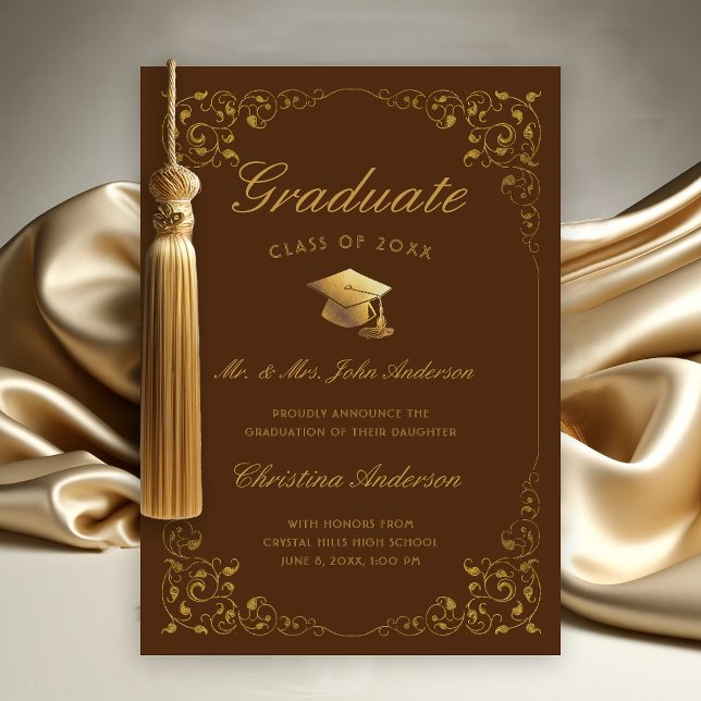 Gold Ivy Cap Script From Parents Brown Graduation Announcement (Gold Ivy Leaf on Brown Graduation Announcement from Parents)
