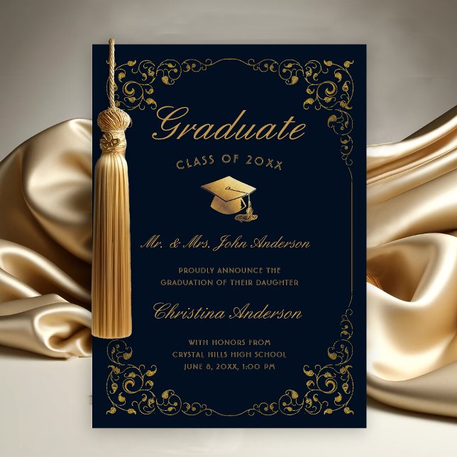 Gold Ivy Cap Script From Parents Navy Graduation Announcement (Gold Ivy Leaf on Dark Navy Blue Graduation Announcement from Parents
)