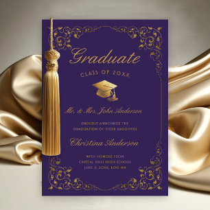 Gold Ivy Cap Script From Parents Purple Graduation Announcement