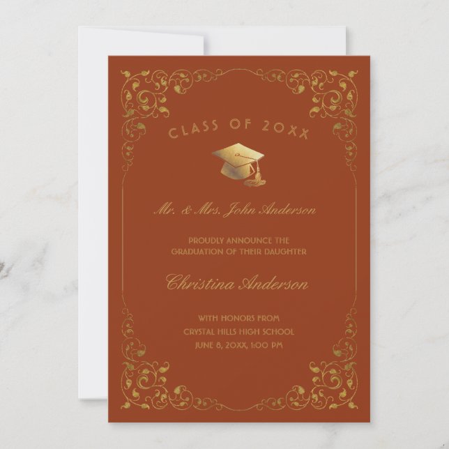 Gold Ivy Script From Parents Orange Graduation Announcement (Front)