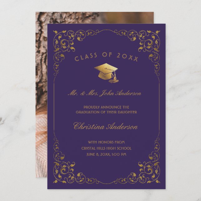 Gold Ivy Script From Parents Purple Graduation Announcement (Front/Back)