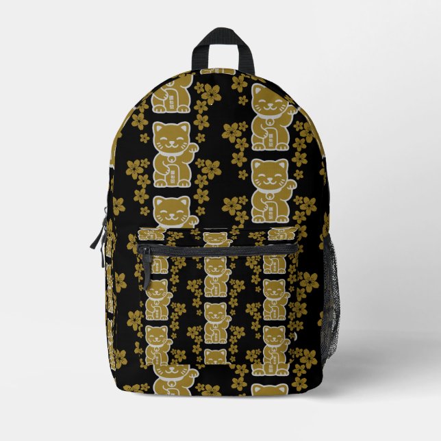 Gold Japanese Maneki-neko Printed Backpack (Front)