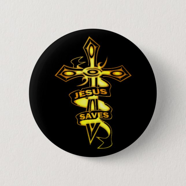GOLD JESUS SAVES CROSS 2 INCH ROUND BUTTON (Front)