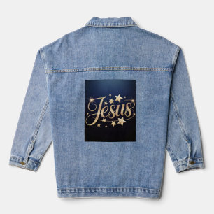 Gold Jesus Script Blue  Denim Jacket