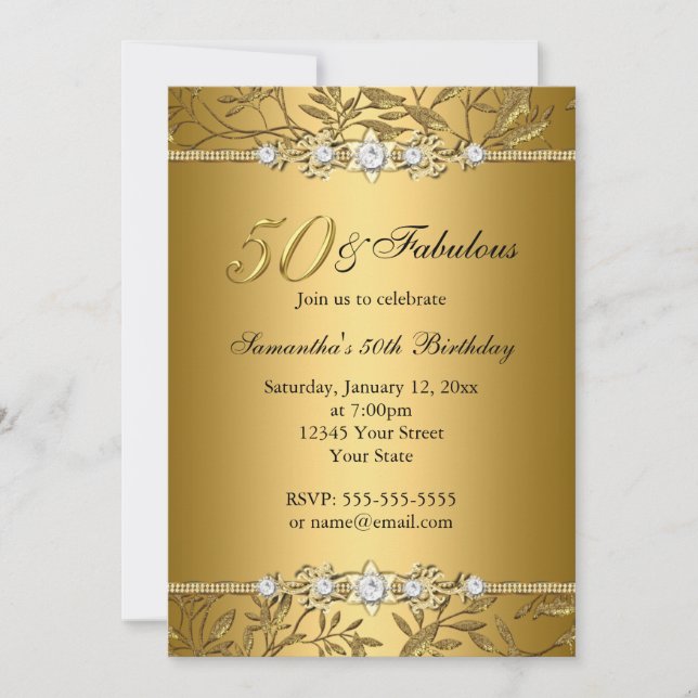 Gold Jewel Leaf 50 Fabuleux Invitation d'anniversa (Devant)