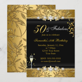 Gold Jewel Leaf 50 Fabulous Birthday Black Invitation