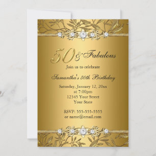Gold Jewel Leaf 50 Fabulous Birthday Invitation
