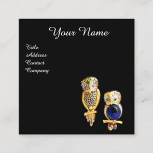 GOLD JEWEL OWLS Monogram,Blue Sapphire Topaz,Black Square Business Card