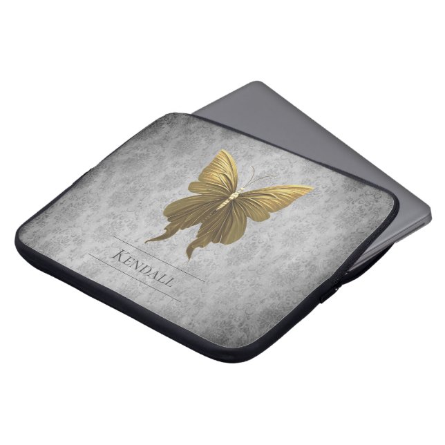 Gold Jewelled Butterfly Damask Laptop Sleeve (Front Top)