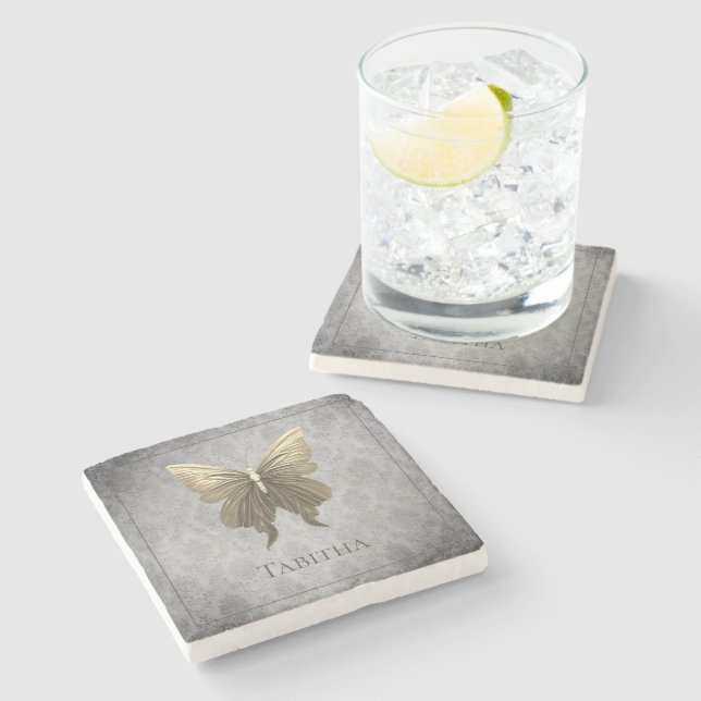 Gold Jewelled Butterfly Stone Coaster (Side)