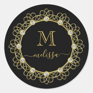Gold Jewelled Frame Monogram with Name Classic Rou Classic Round Sticker