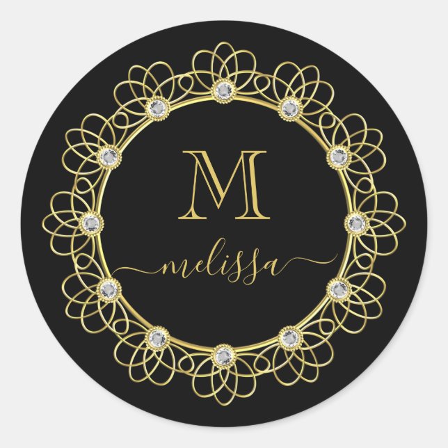 Gold Jewelled Frame Monogram with Name Classic Rou Round Sticker (Front)