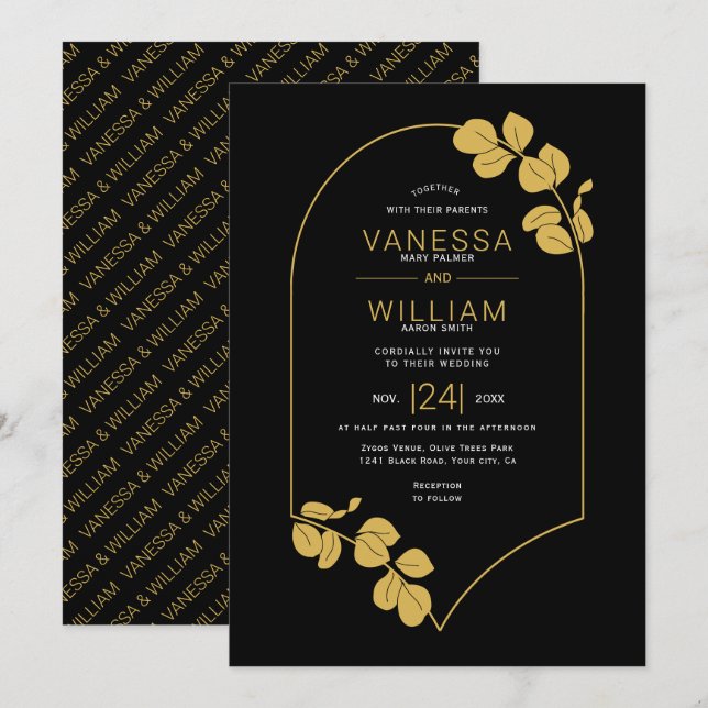 Gold jewellery inspired frame and leaves wedding invitation (Front/Back)