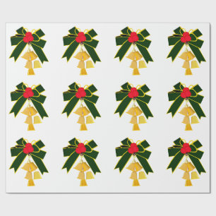Gold Jingle Bells With Bows White Wrapping Paper