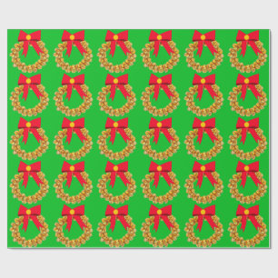 Gold Jingle Bells Wreath Green Wrapping Paper