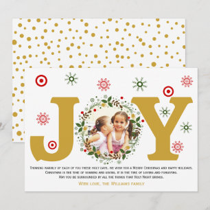 Gold Joy, Christmas floral wreath photo Holiday Card