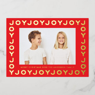 Gold JOY JOY JOY Christmas Photo RED Frame Foil Holiday Card