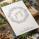 Gold Joy Watercolor Botanical Wreath Christmas Holiday Card<br><div class="desc">A modern holiday card features a wreath made from watercolor winter botanicals with joy in the centre in gold script typography.  Personalize with your name.</div>