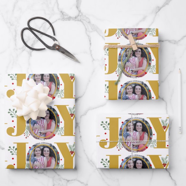 Gold Joy with berries Christmas holiday photo Wrapping Paper Sheet (Front)