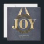 Gold JOY Wreath Chalkboard Christmas Holiday Card<br><div class="desc">This elegant and chic "JOY" square christmas holiday greeting card features a word "JOY" in faux gold foil on a black chalkboard background with foliage / greenery wreath with gold satin ribbon. The reverse side features a faux gold background. Personalize it for your needs. You can find matching products at...</div>