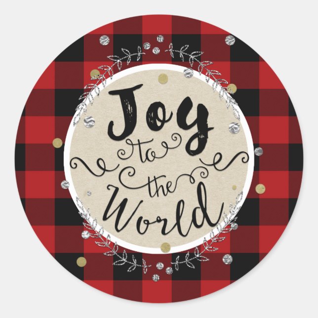 Gold Joy Wreath Holiday Red Buffalo Plaid Classic Round Sticker (Front)