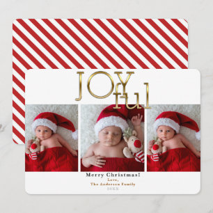 Gold Joyful Christmas Holiday 3 Photos Photo Invitation
