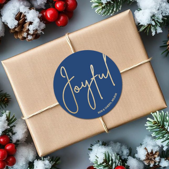 Gold JOYFUL on Blue Christmas Classic Round Sticker (JOYFUL in gold script on blue Christmas 3" Round Stickers)