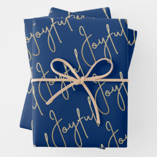 Gold JOYFUL on Blue Wrapping Paper Sheet