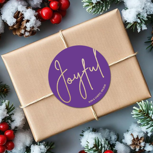 Gold JOYFUL on Purple Christmas Classic Round Sticker (JOYFUL in gold script on purple Christmas 3" Round Stickers)